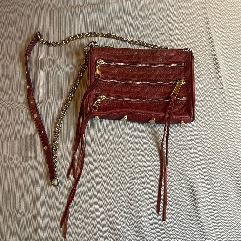 Rebecca Minkoff Cross Body Purse 5 Zip Leather Maroon Studded Gold Chain Handle - Picture 13 of 13